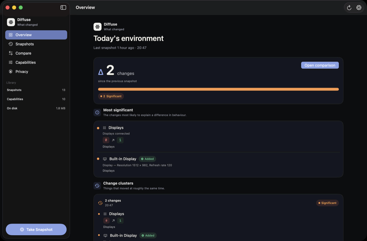 Diffuse macOS app overview UI